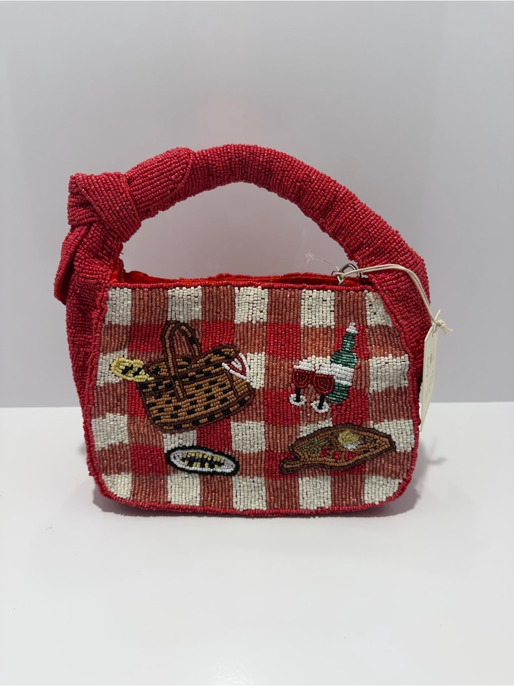 Viral Sol and Mer Beaded Bag Red Gingham Picnic Motif Beaded Handbag